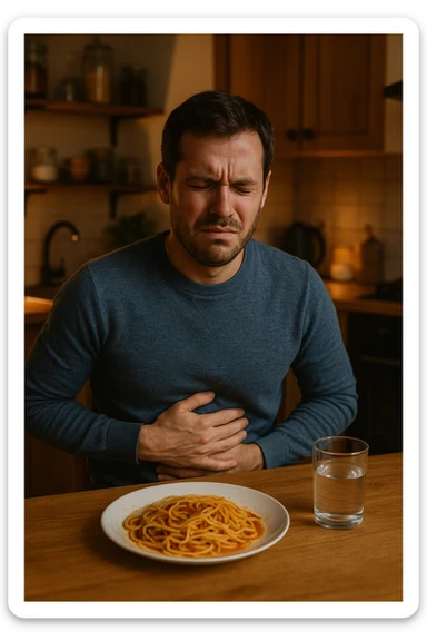 a man sits at a dining table, looking uncomfortable and holding his stomach after eating a plate of pasta. His expression shows mild pain or bloating. On the table, there’s a half-eaten plate of spaghetti, and a glass of water. The background is a cozy kitchen, but the focus is on the man’s discomfort.
 sticker