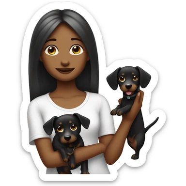 girl holding a black wiener dog ￼ sticker