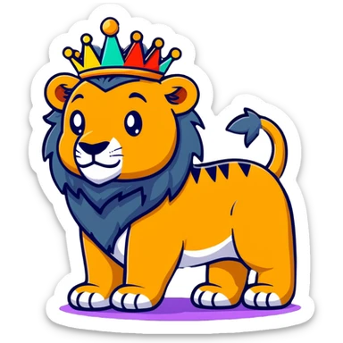 A majestic lion king with a crown facing a colorful dinosaur sticker