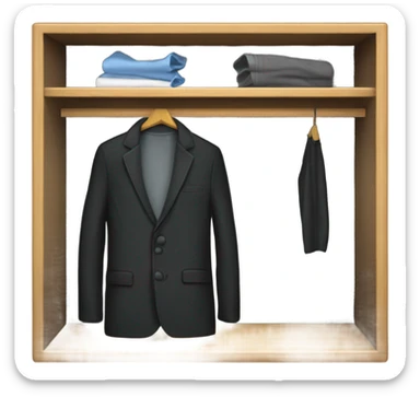 Design an emoji-style icon of an open wardrobe with clothes hanging inside. Include details like a wooden frame, hangers, and black different clothing items such as shirts or any other clothing . Use a clean and minimalistic design. sticker