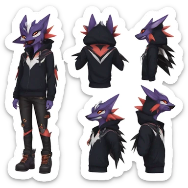 Cool Anthro Black Noivern-Absol-Litten-Pokémon with edgy stripes hoodie spiked collar punk Full Body sticker