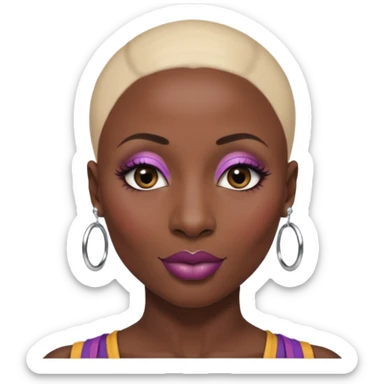 Grown black (proud) woman, bald with a perfect head, a prominent nose with a septum piercing, many piercings on her ears, a gap between her front teeth and very long nails (cynthia erivo) a proud lesbian, with long lashes and glam makeup sticker