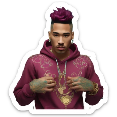 Vintage patina intricate swirls gold jewellery baroque golden raven tropical Deep pink maroon burgundy cyan dark hoodie man vitiligo dyed hair gold piercings nose piercing ear piercings sticker