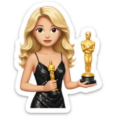 blonde model, brown eyes, long wavy hair, oscars red carpet, black sequin, holding oscar sticker