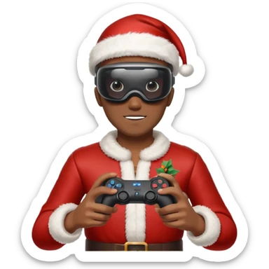 Homme photographe noir, week-end détente, équipé d’un appareil photo pro. Dans un décor Noël chaleureux, Père Noël à côté, sapin illuminé, lumières douces. L’homme porte un casque VR autour du cou ou sur la tête, et une manette PS 2025 dans la main libre. Ambiance festive, réaliste, couleurs nettes sticker