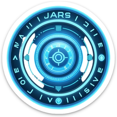 A circular blue holographic interface made of concentric rings, glowing tick marks, and data arcs, with the text “J.A.R.V.I.S.” centered, resembling a futuristic digital HUD floating in space. sticker