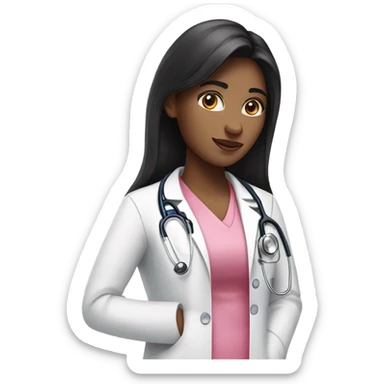 Long black hair female doctor in pink undershirt white coat over pink stethoscope  sticker