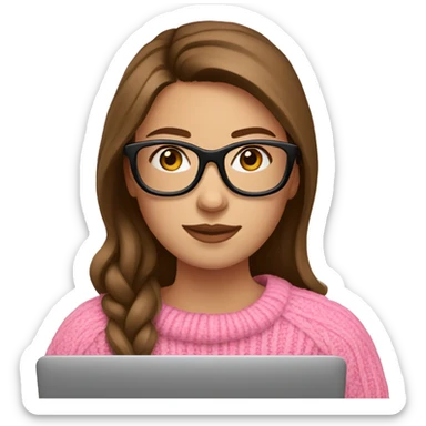 Russian Girl with brown hair and black glasses frame and pink sweater is working behind laptop sticker