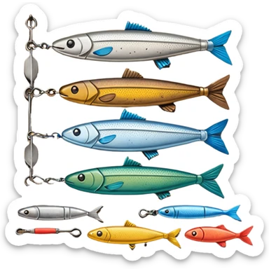 A metal lure set arranged on a wooden plank sticker