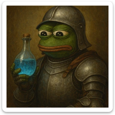 Пэпэ in a medieval armor, holding a potion bottle sticker