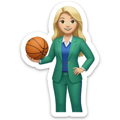 Full Body white plus size female basketball head coach using a clipboard with long blonde hair in a blue and green suit smiling with basketball and clipboard sticker