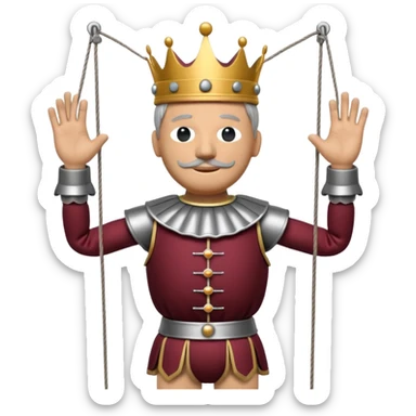 3D render of Puppet King as a wooden marionette puppet, Wooden crown, strings attached to hands, silver metal screw joints at elbows and knees, polished brown wood texture, rigid toy pose, Apple emoji style, isolated on white background --v 6.0. sticker