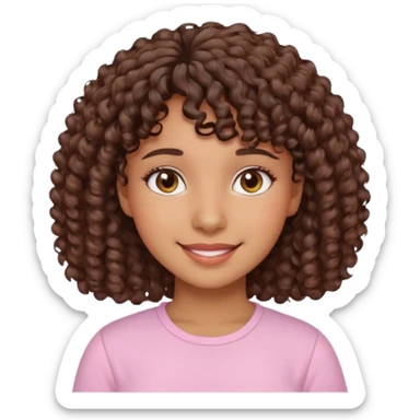 A Latina girl with brown eyes and short curly hair with curly bangs with a light pink shirt sticker