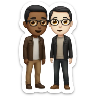 Two men kissing, one white skin with black hair, one brown with glasses sticker