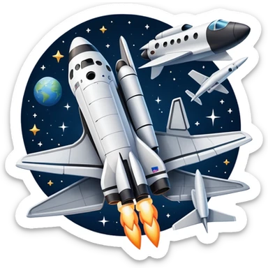 An icon featuring a space shuttle, a drone, and an airplane against a starry sky, symbolizing aerospace technology. The design includes rocket boosters and satellite orbits, representing the exploration of space and advanced aviation. Transparent background sticker