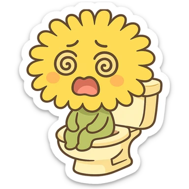 lemon yellow dandelion flower with a shocked face, sitting on a toilet with swirls in the eyes, soft colors, chibi expression sticker