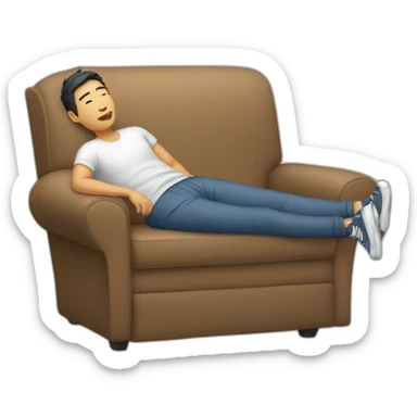 an asian man in sweatpants lying on a coach sticker