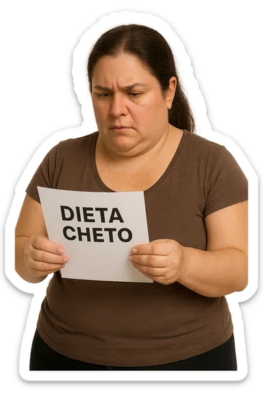 donna realistica leggermente in sovrappeso che legge un foglio con la scritta "dieta Cheto", sfondo bianco, iperrealistica 4k, IPERREALISTICA 4K sticker