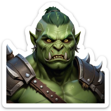 Cinematic Realistic WoW Orc Warrior Portrait, head tilted epicly and inquisitively, showcasing a commanding presence and raw, unyielding power. His battle-hardened green skin and muscular form, accented by meticulously crafted tribal armor in deep earthy hues, are rendered with lifelike clarity and dynamic lighting, high shine, epic and awe-inspiring, embodying the relentless spirit of an orc warrior ready for battle. sticker