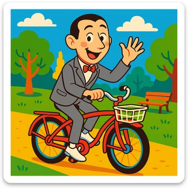Pee-wee Herman on a red bicycle, waving, colorful park setting, vibrant toon style sticker