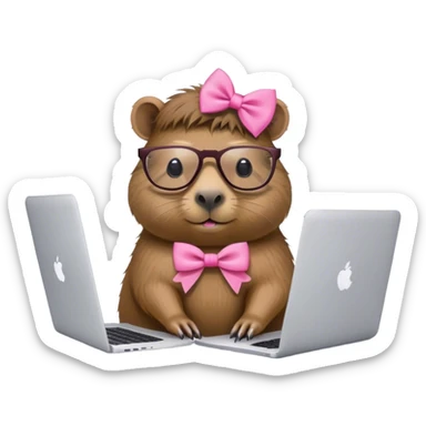 capivara de óculos e laço cor de rosa mexendo no macbook sticker