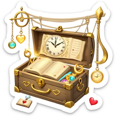 A glowing toolbox sits open, filled with five tiny symbols: a sunrise clock, a swirling scroll, three glowing orbs, a magic wand, and a heart-shaped hammock. Floating above is a soft spark, hinting at inner power. It’s not just a box—it’s a lifeline for clarity, ease, and joy. sticker