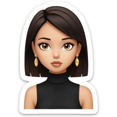 generate a pretty bratz girl in black cami top, dark brown straight short hair, eyeliner on. dark brown eyes. Wearing sleeveless white turtleneck, gold stud earrings sticker