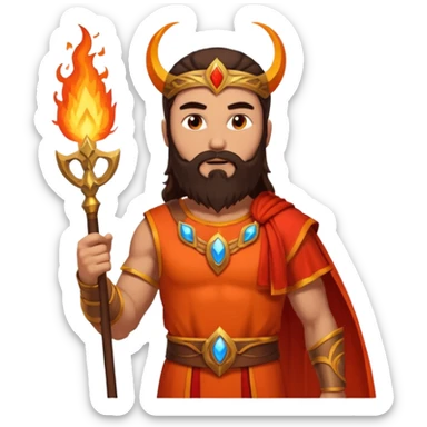 Vulcan, Fire God from Rome Mythology with long dark brown hair and beard, orange and red outfit, light tan skin sticker