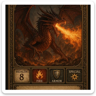 epic collectible role-playing card featuring a fire-breathing dragon, info panels for health, fire, armor, special power, description area, intricate fantasy details, ornate card border, dramatic pose, vibrant colors, highly detailed fantasy illustration sticker