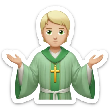 a priest, green eyes, blonde hair, light green wide, flowing outer robe. opening arms, gazing thoughtfully. Soft light, subtle fern. Waist-up, profile. sticker