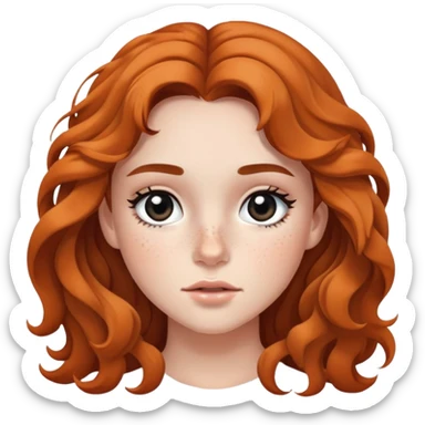girl with wavy long hair, striking black eyes, subtle makeup, and scattered freckles sticker