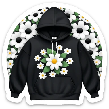 "Generate a black hoodie with scattered medium-sized black and white flowers. Each flower should have a bold, thick white ring as petals with a completely hollow center, creating an open, circular appearance. The flowers should be irregularly shaped, not symmetrical, and spread across the hoodie, including the sleeves and hood. Avoid detailed petals, shading, or filled centers—just simple, bold, hollow ring-like floral patterns sticker