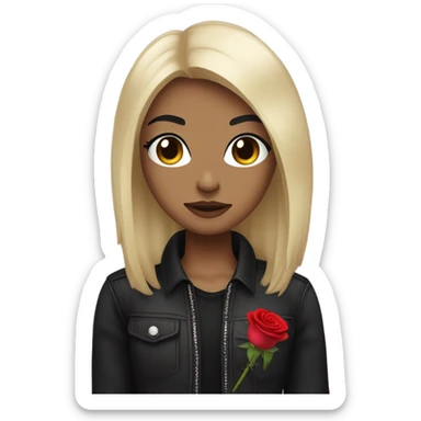Black straight hair and makeup and holding a rose and black clothes with an Emo style sticker