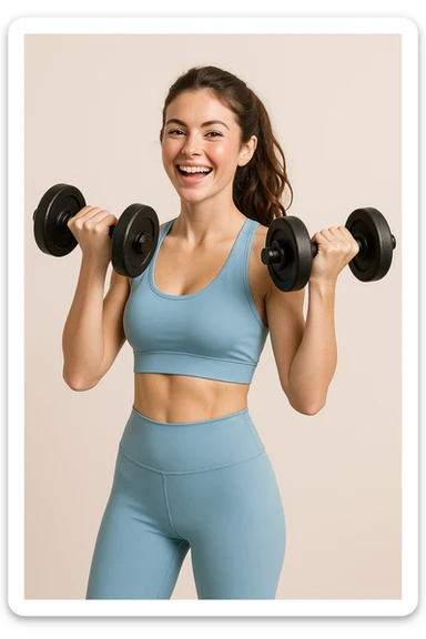 brunette female athlete in light blue, lifting weights, cheerful, plain background sticker