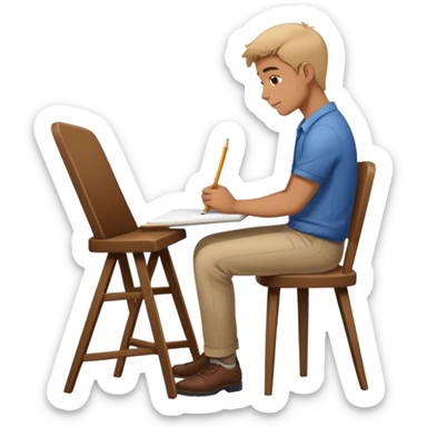 A man sits on a chair and draws, leaning forward, but the chair is only halfway seated sticker
