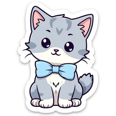 cute fluffy gray kitten with a light blue bow, ghibli style sticker