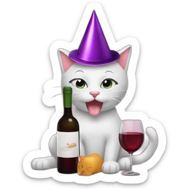 depressed tired kitty drinking wine and party hat on sticker