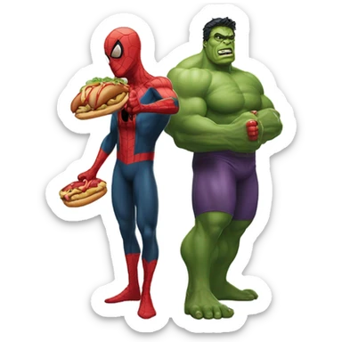 Spiderman holding a hotdog with the hulk sticker