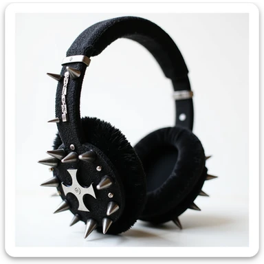 realistic black gothic headphones with velvet ear cups, silver spikes, and subtle cross motifs, photorealistic style sticker
