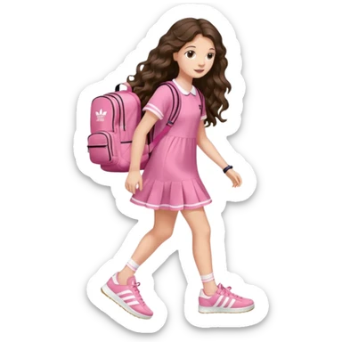 aestethic brunette very,very,very long wavy hair walking with a school backpack, with a cute pink dress, adidas samba shoes sticker