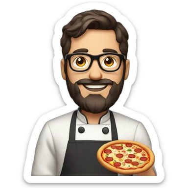 30 years old chef with beard and smooth short dark hair and big glasses proudly holding a pizza sticker