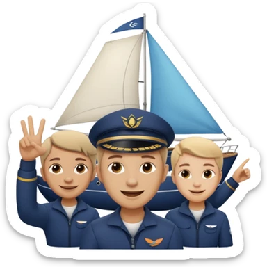 Emoji-style person taking a selfie with small sailing crew behind, rounded faces, soft shading, smiling, PNG cutout sticker