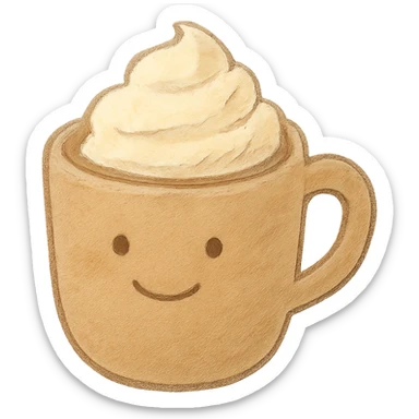 a cup of cocoa with whipped cream, Japanese soft pastel hand-drawn style, full object, transparent background, with a gentle smile sticker