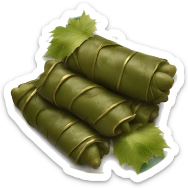 Stuffed grape leaves that are coocked and in a plate with gold stripes sticker