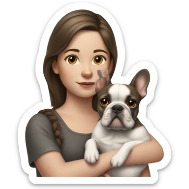 realistic portrait of brown hair girl with gray french bulldog  sticker