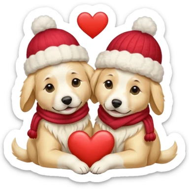 2 English cream golden retrievers cuddling with winter hats and heart in between them. Make them pale dogs . Less cartoon and no hands holding heart just a heart in between  sticker