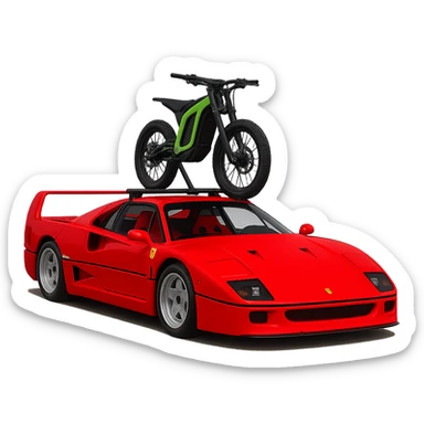 Enhance the image to make the roof rack clearly visible under the small green-framed Sur-Ron bike on the Ferrari F40. Emphasize the rack structure with clear details and keep the background transparent. sticker
