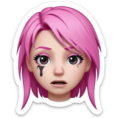 Twitch emoji style Haze skin from Fortnite crying with exaggerated tears, pink hair, and gothic look sticker