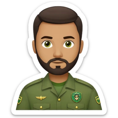 A strong young man, with a dark brown short goatie beard, thick eyebrows, green eyes, faded styled dark brown hair, and a green Uniform that says on the left chest "CC Team Seba" sticker