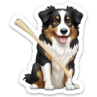 Black and white tricolor Australian shepherd holding a stick of string cheese sticker